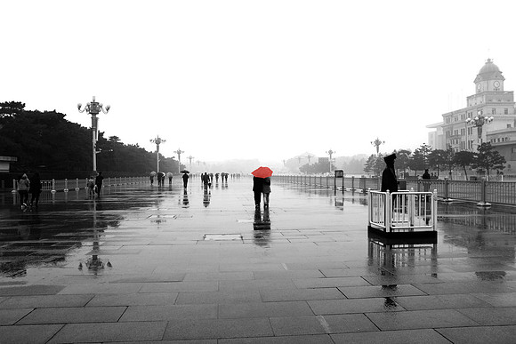 Tienamen Square, Beijing, China (B&W-Red Umbrella)